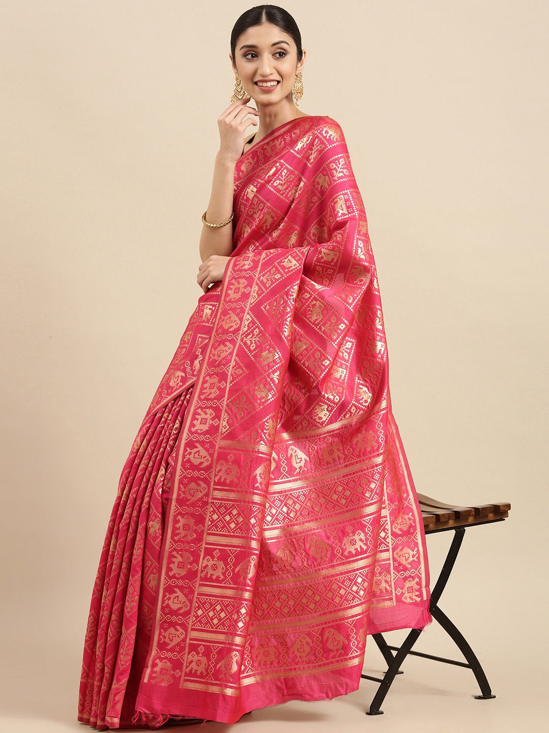 

Anouk Pink & Gold Ethnic Motifs Zari Pure Silk Celebrity Saree
