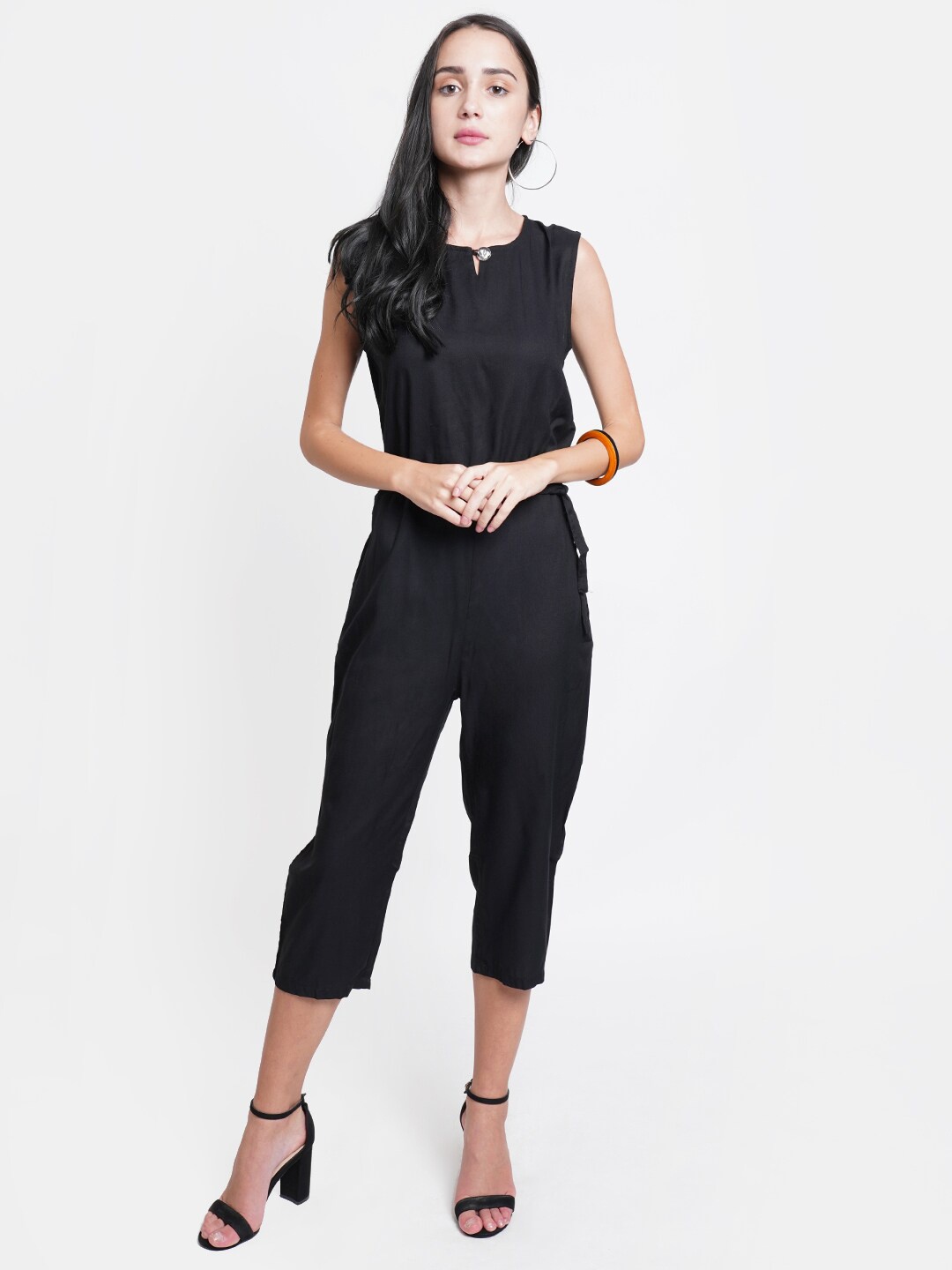 

Purple State Black Solid Capri Jumpsuit