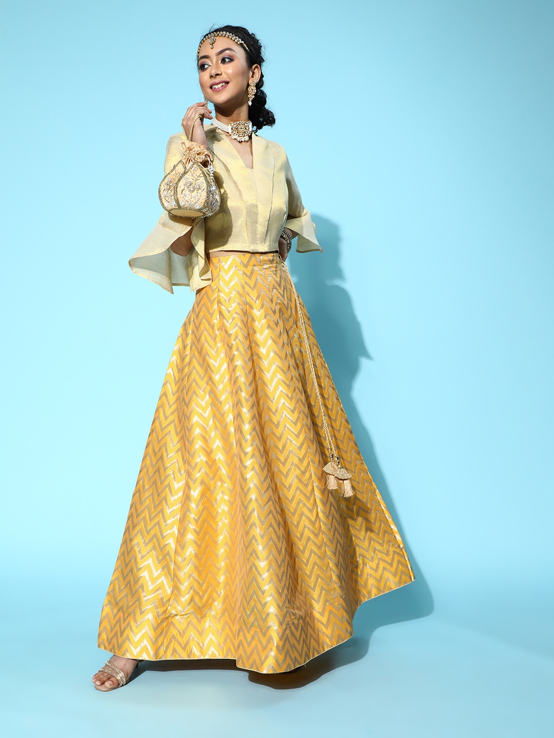

mokshi Women Stunning Gold Solid Top with Self-Design Skirt