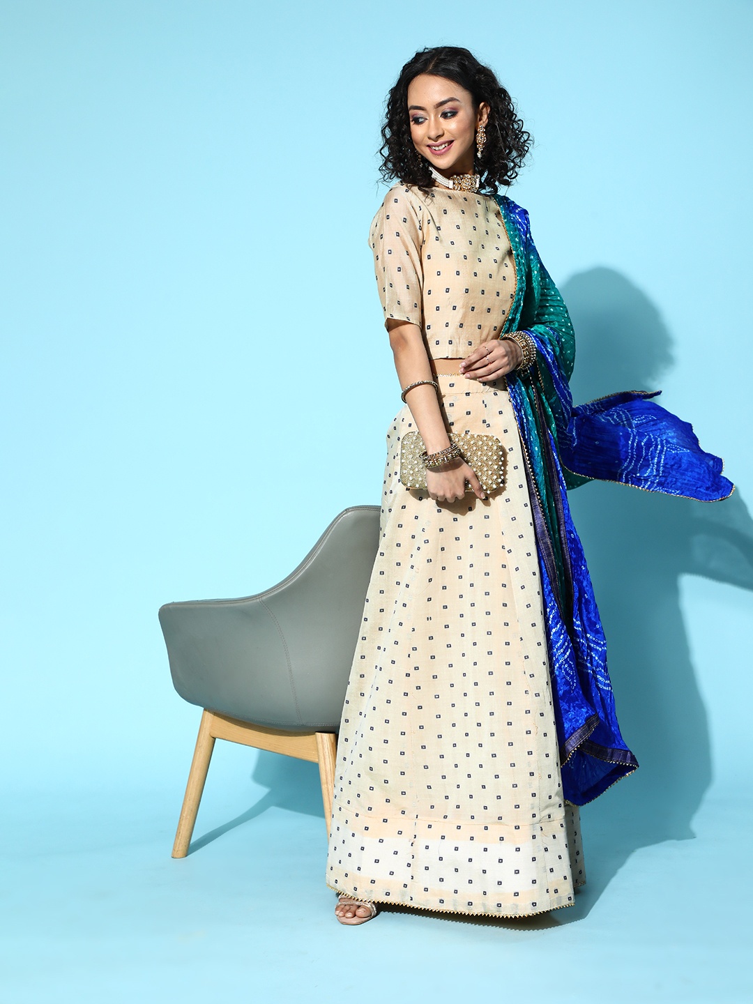 

mokshi Women Classy Beige Self-Design Top with Skirt