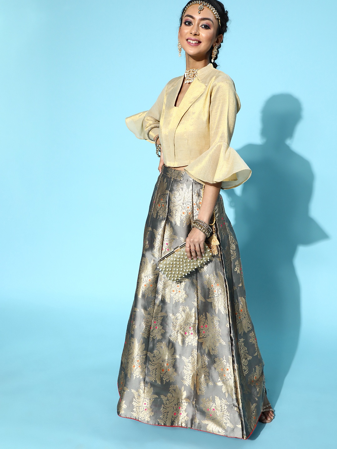 

mokshi Women Beautiful Grey Solid Top with Skirt