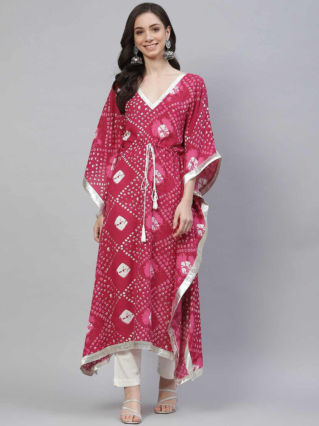 

mokshi Women Magenta Pink Bandhani Print Kimono Sleeves Gotta Patti Rayon Kaftan Kurta