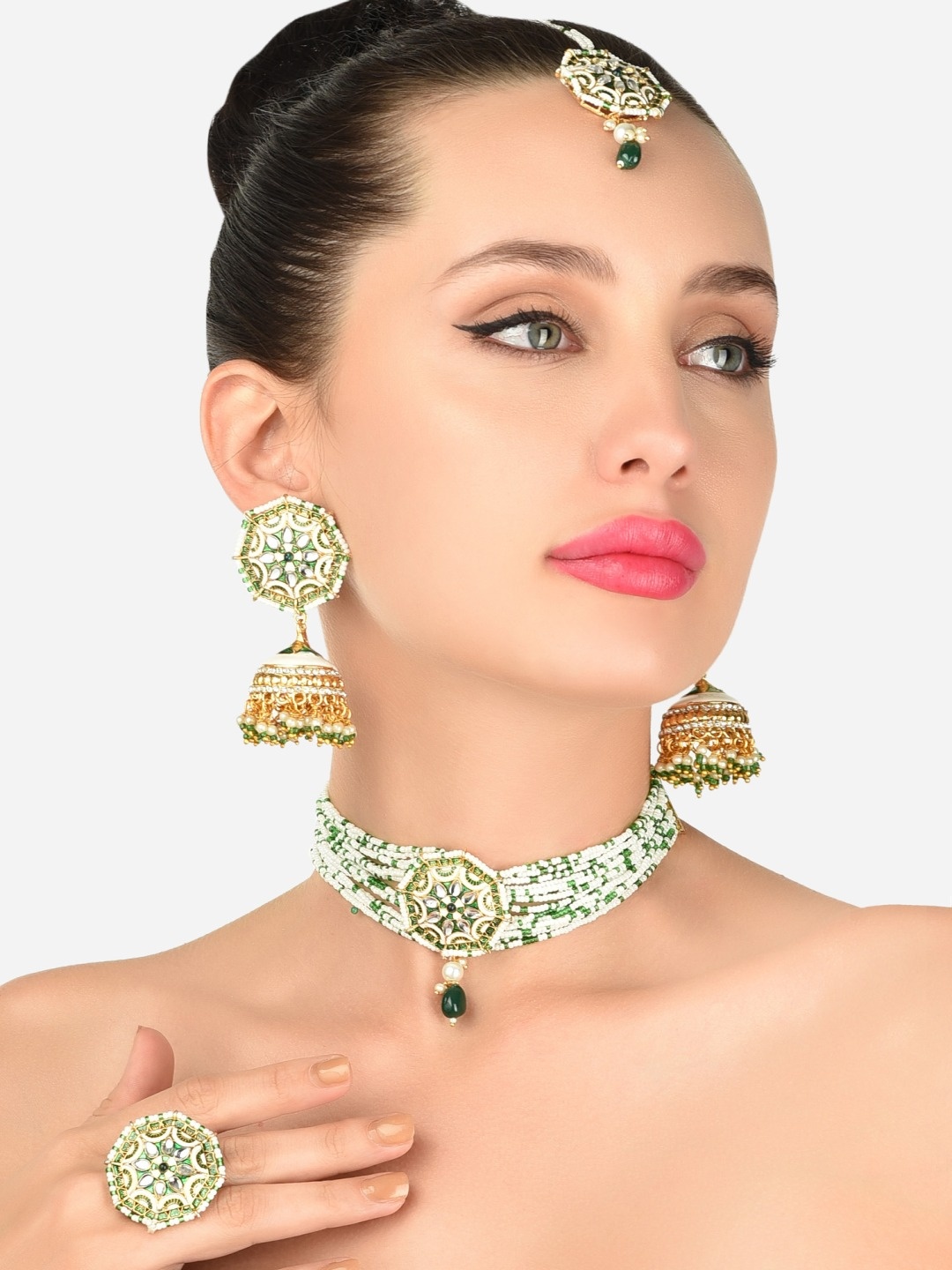 

Zaveri Pearls Woman Green & White Multistrand Necklace Earring Maangtikka & Ring Set