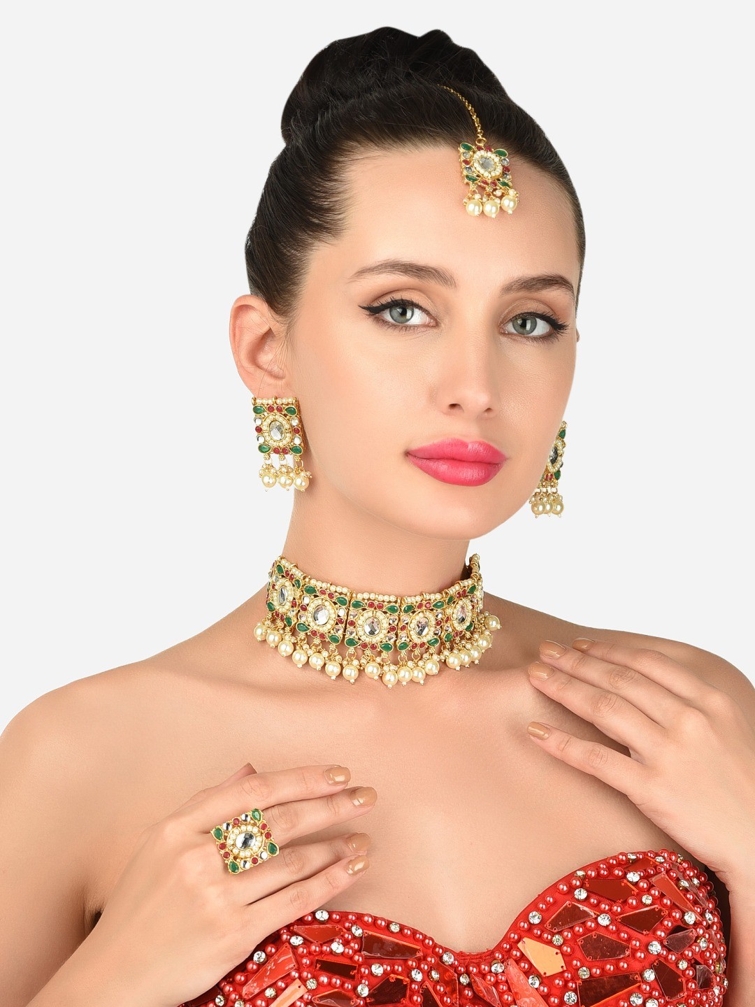 

Zaveri Pearls Green & Pink Stones Ethnic Choker Necklace With Earring & Maangtikka Set