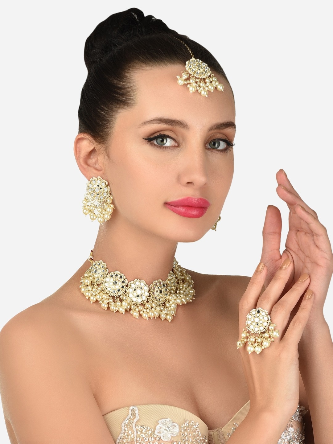 

Zaveri Pearls Gold Tone Mirrors & Cluster Pearls Necklace