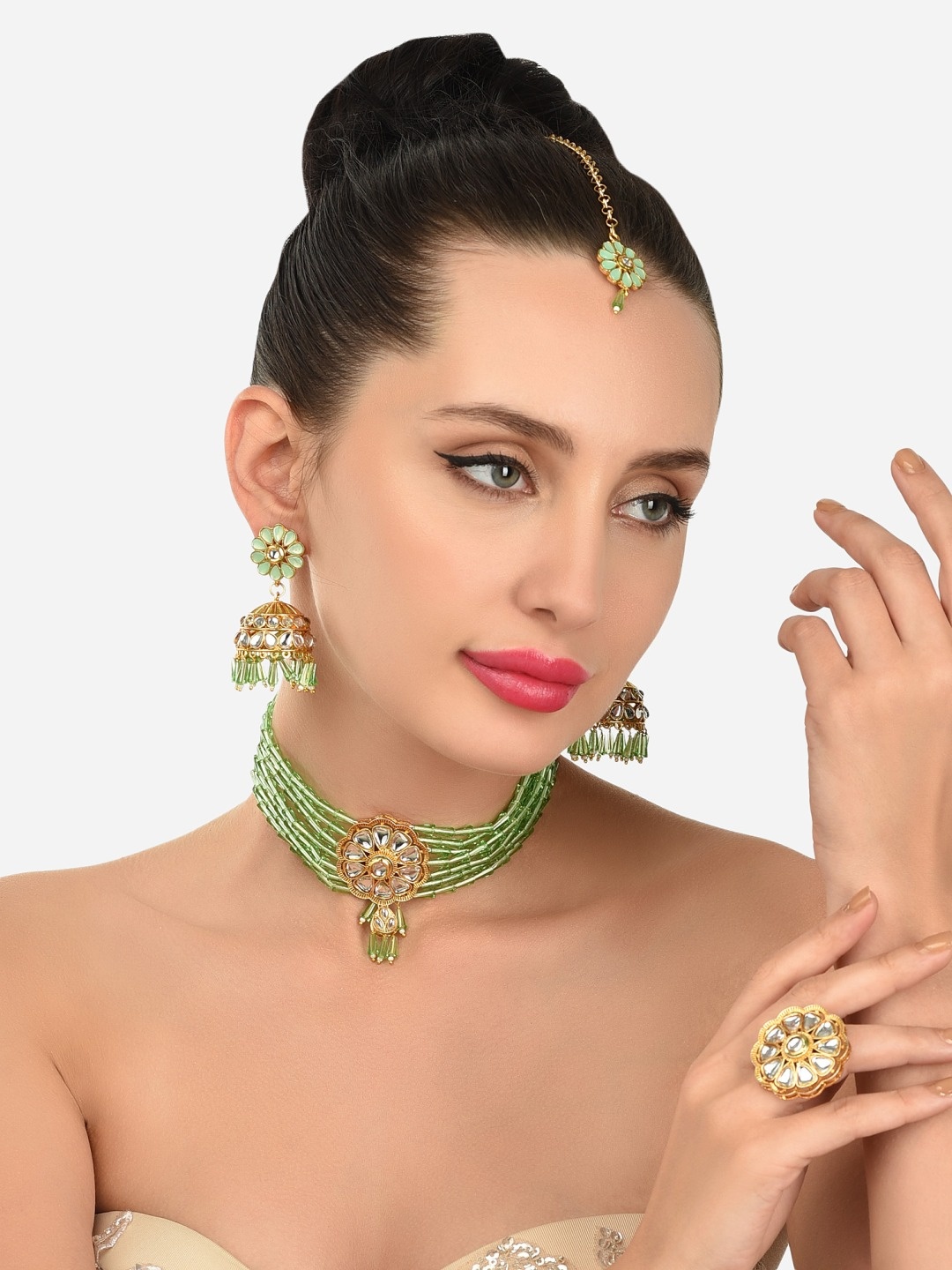 

Zaveri Pearls Green Beads Multistrand Kundan Choker Necklace Earring Maangtikka & Ring Set