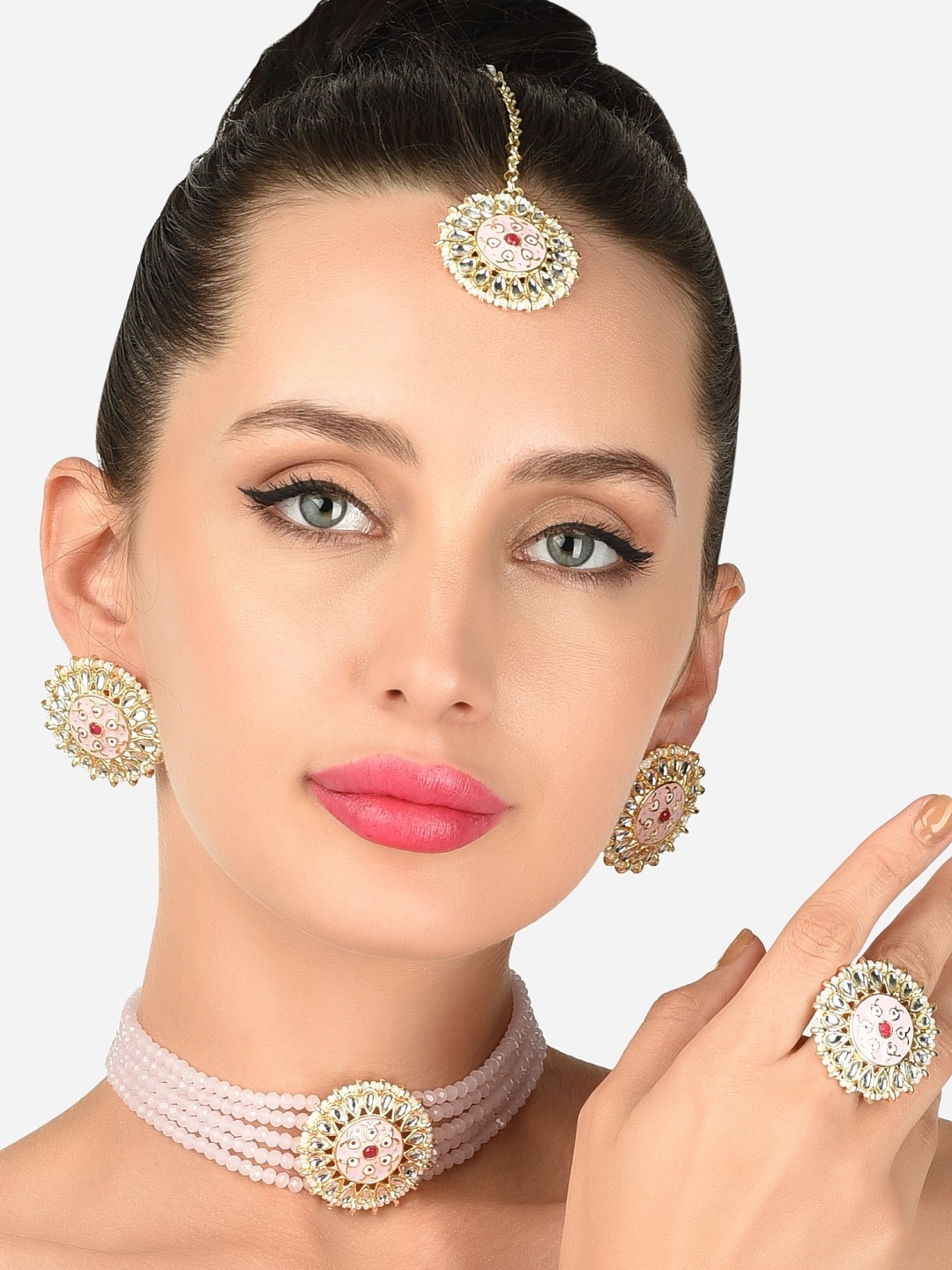 Zaveri Pearls Gold-Plated Pink & White Stone-Studded & Beaded Jewellery Set
