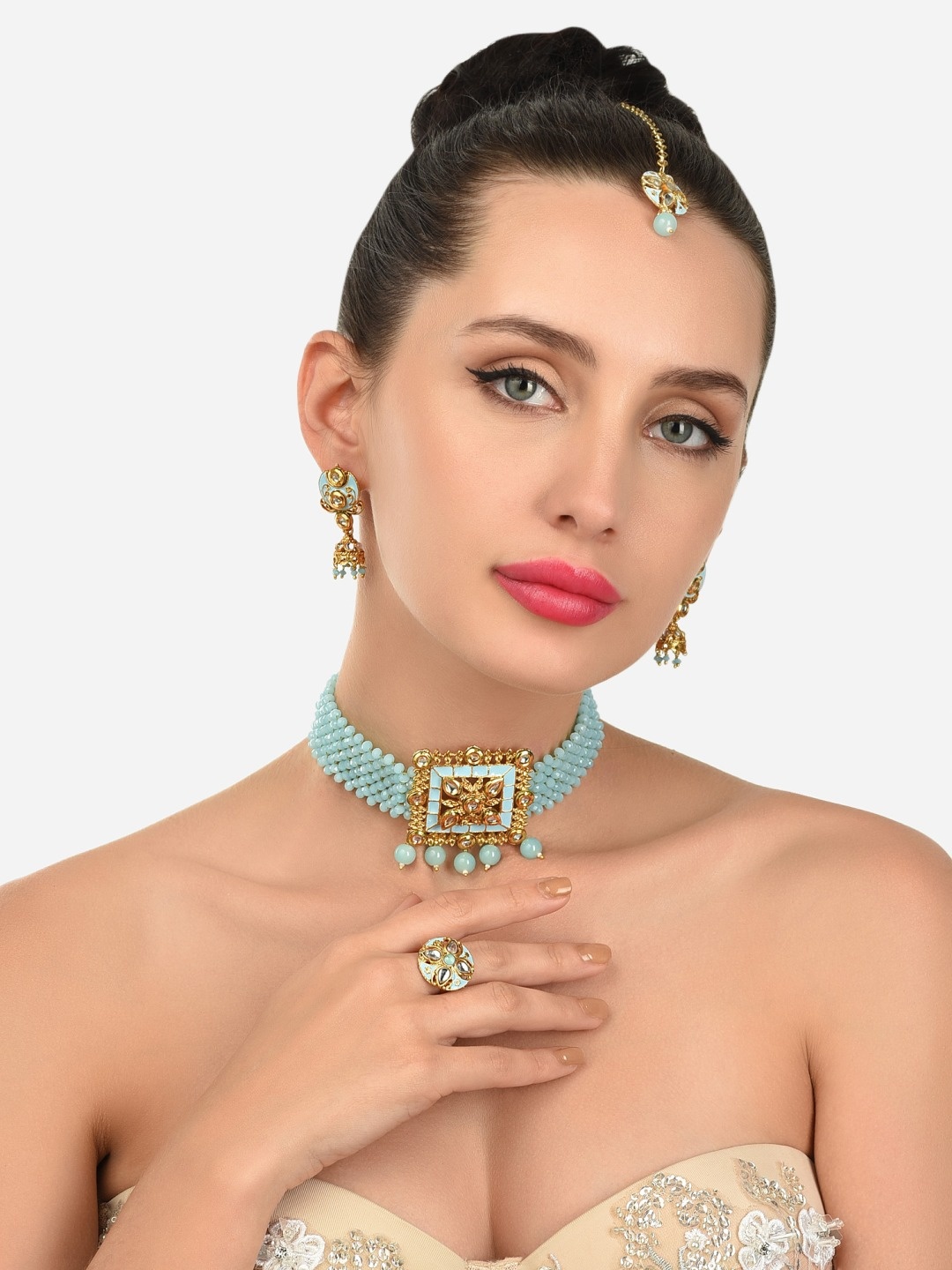 

Zaveri Pearls Turquoise & Gold Toned Meenakari Crystals Jewellery Set, Turquoise blue