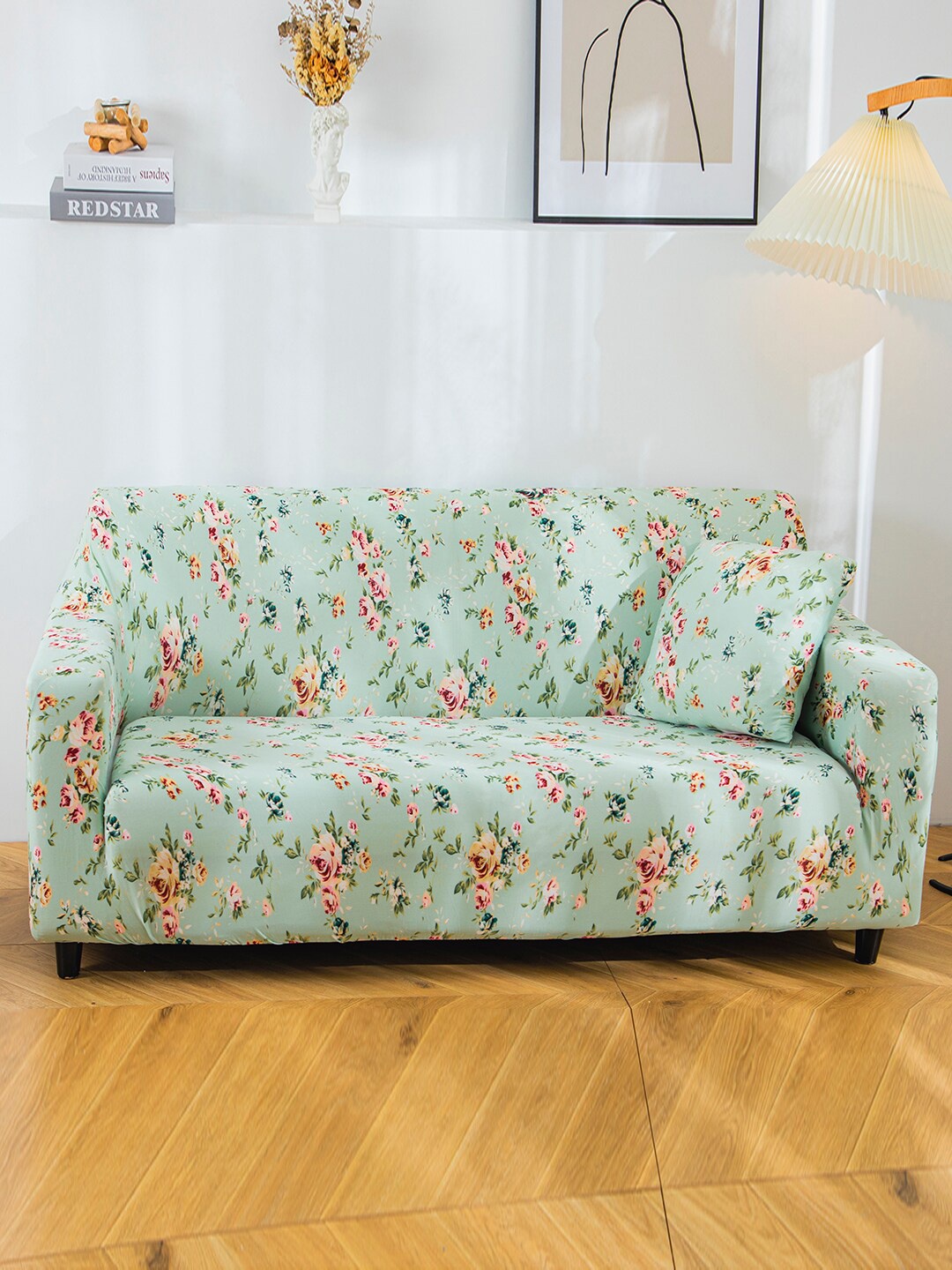 

HOUSE OF QUIRK Sea Green Floral Printed 4-Seater Stretchable Non-Slip Sofa Slipcover