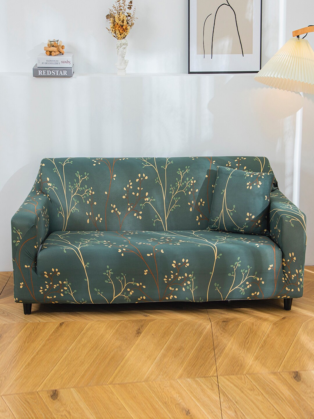 

HOUSE OF QUIRK Teal Printed 4 Seater Stretchable Non-Slip Sofa Slipcover