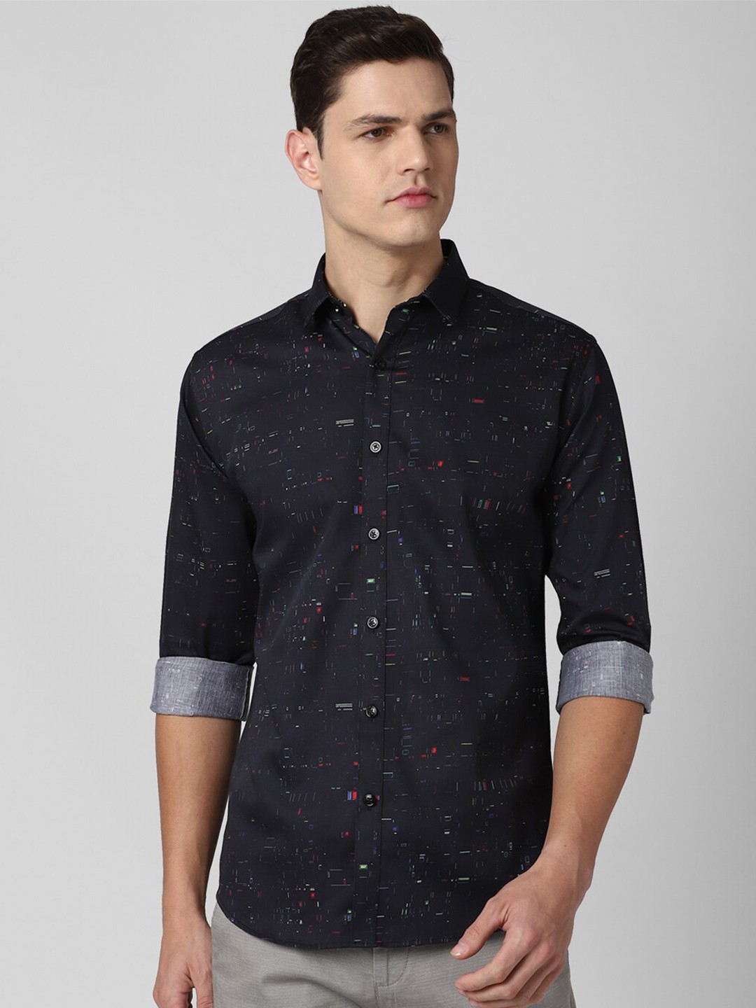 

V Dot Men Navy Blue Slim Fit Printed Casual Shirt