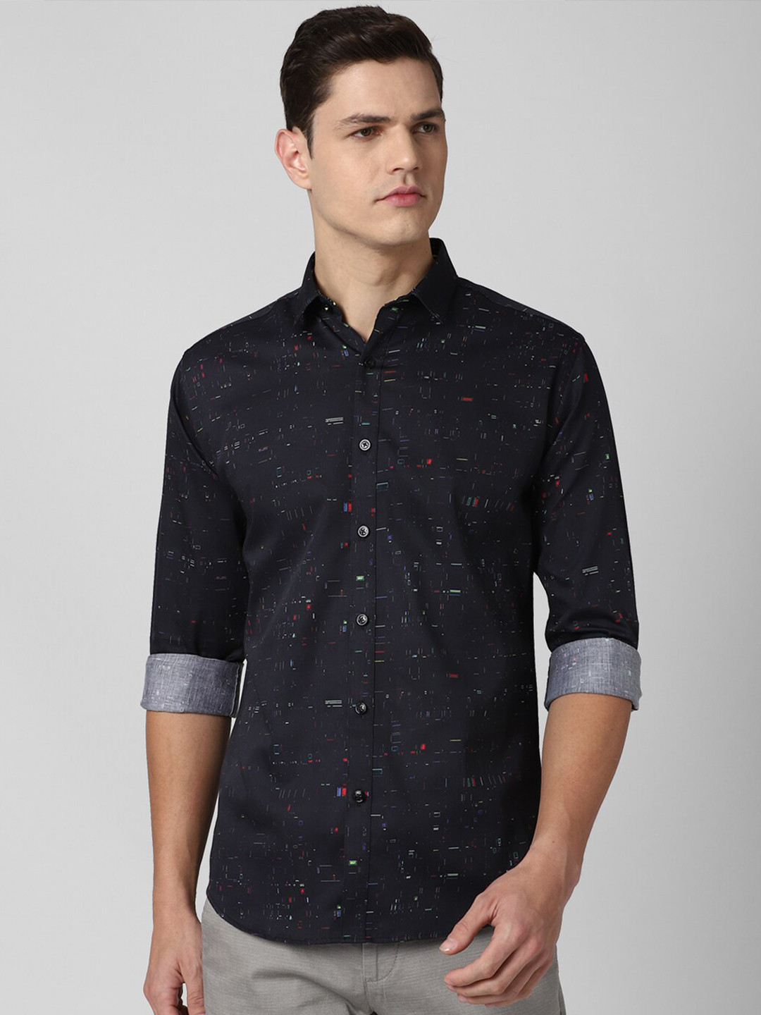 

V Dot Men Navy Blue Slim Fit Printed Pure Cotton Casual Shirt