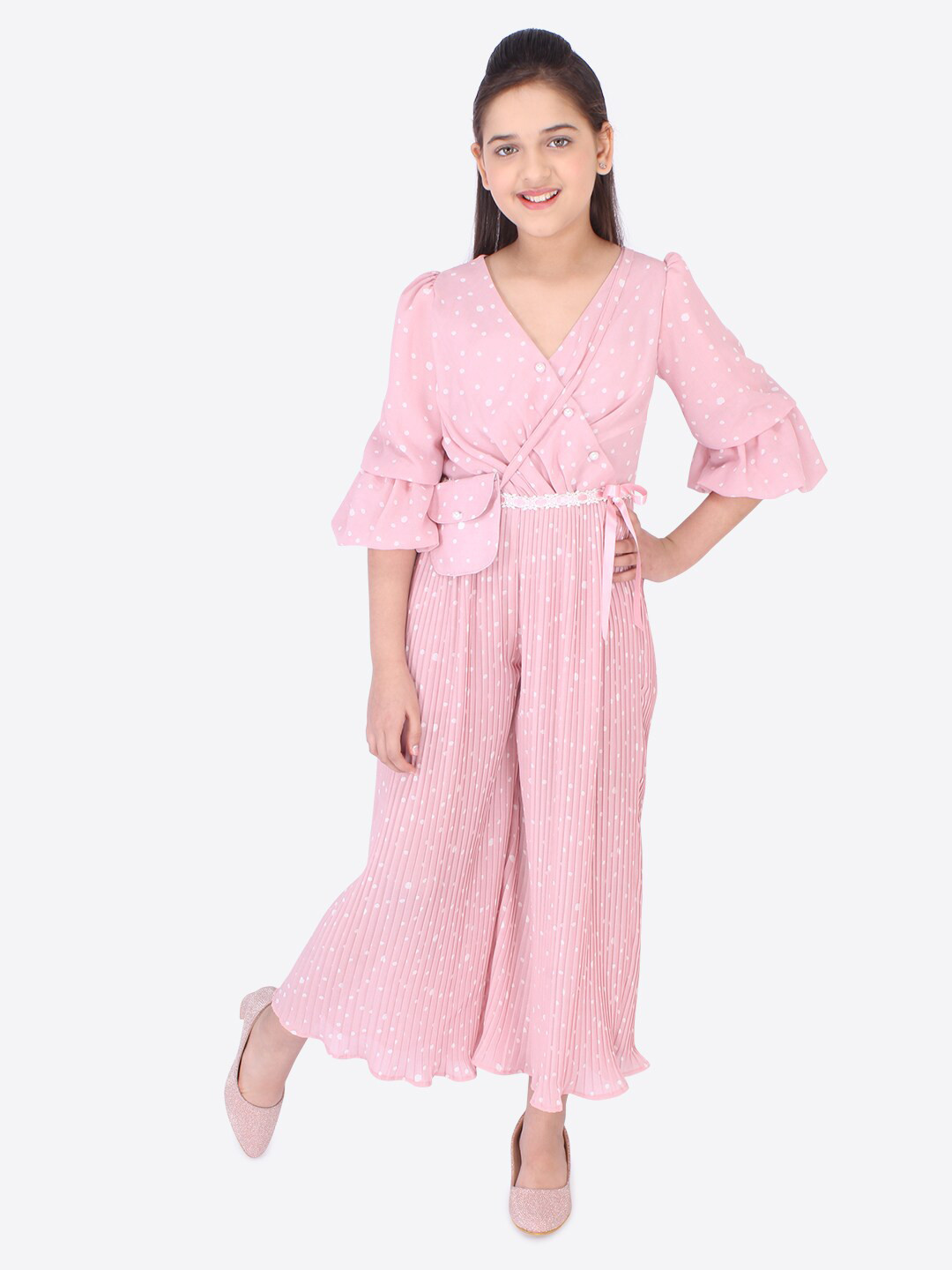 

CUTECUMBER Girls Pink & White Printed Culotte Jumpsuit