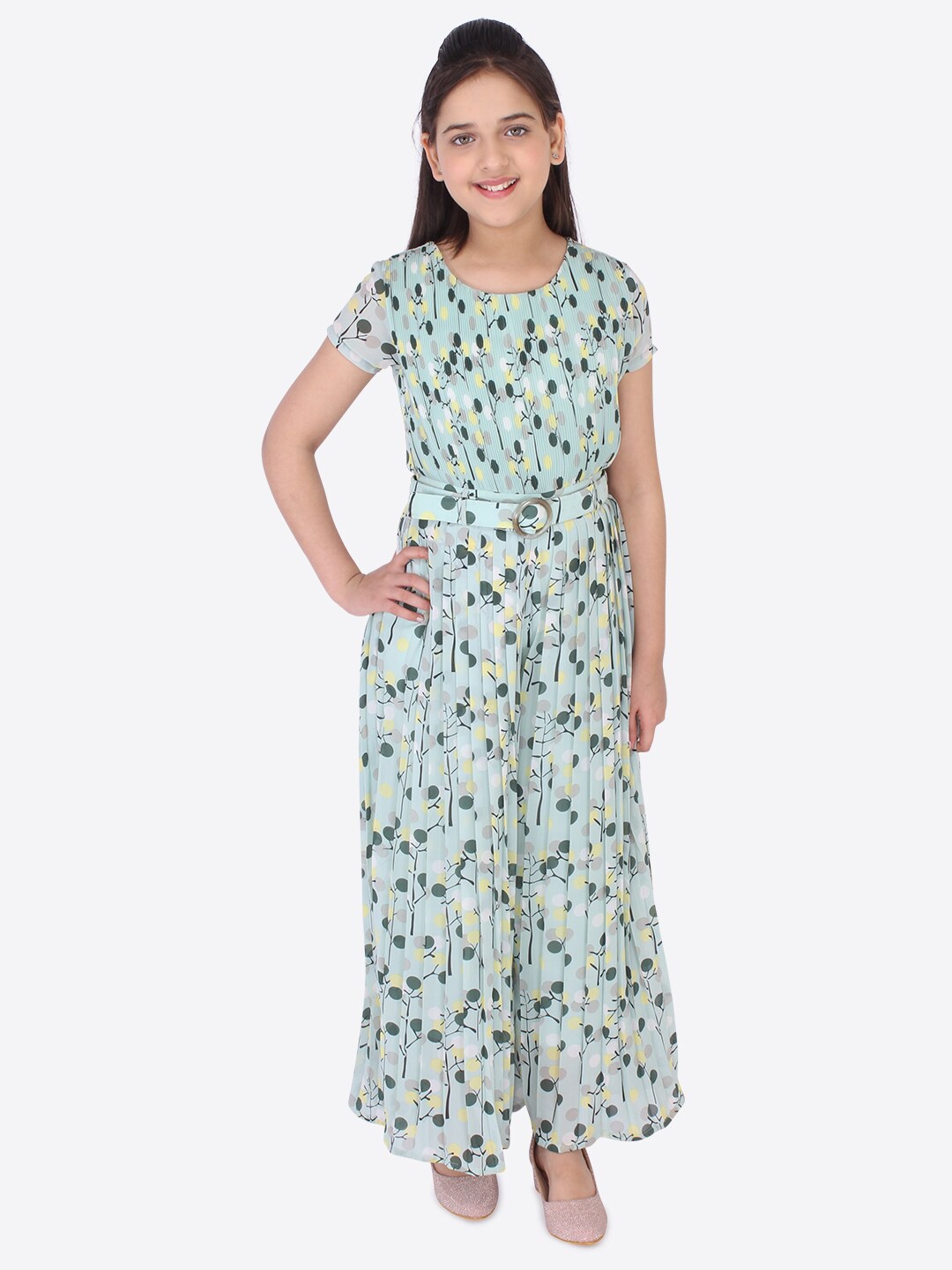 

CUTECUMBER Girls Green & Yellow Floral Printed Accordion Pleated Culotte Jumpsuit