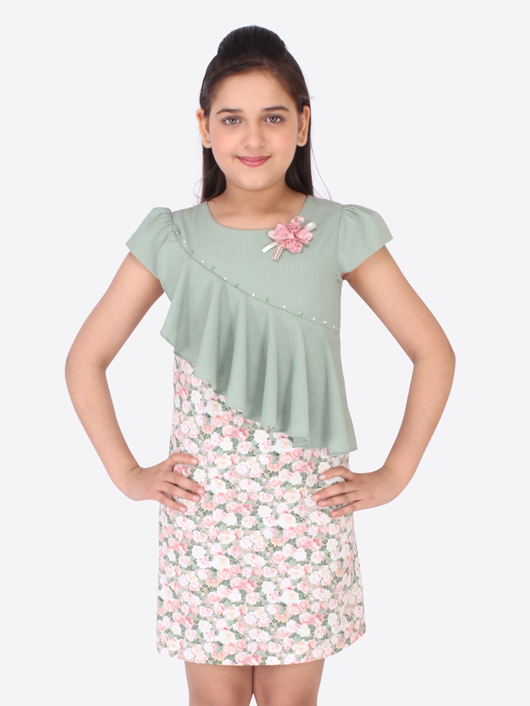 

CUTECUMBER Girls Green & White Floral Layered Georgette A-Line Dress