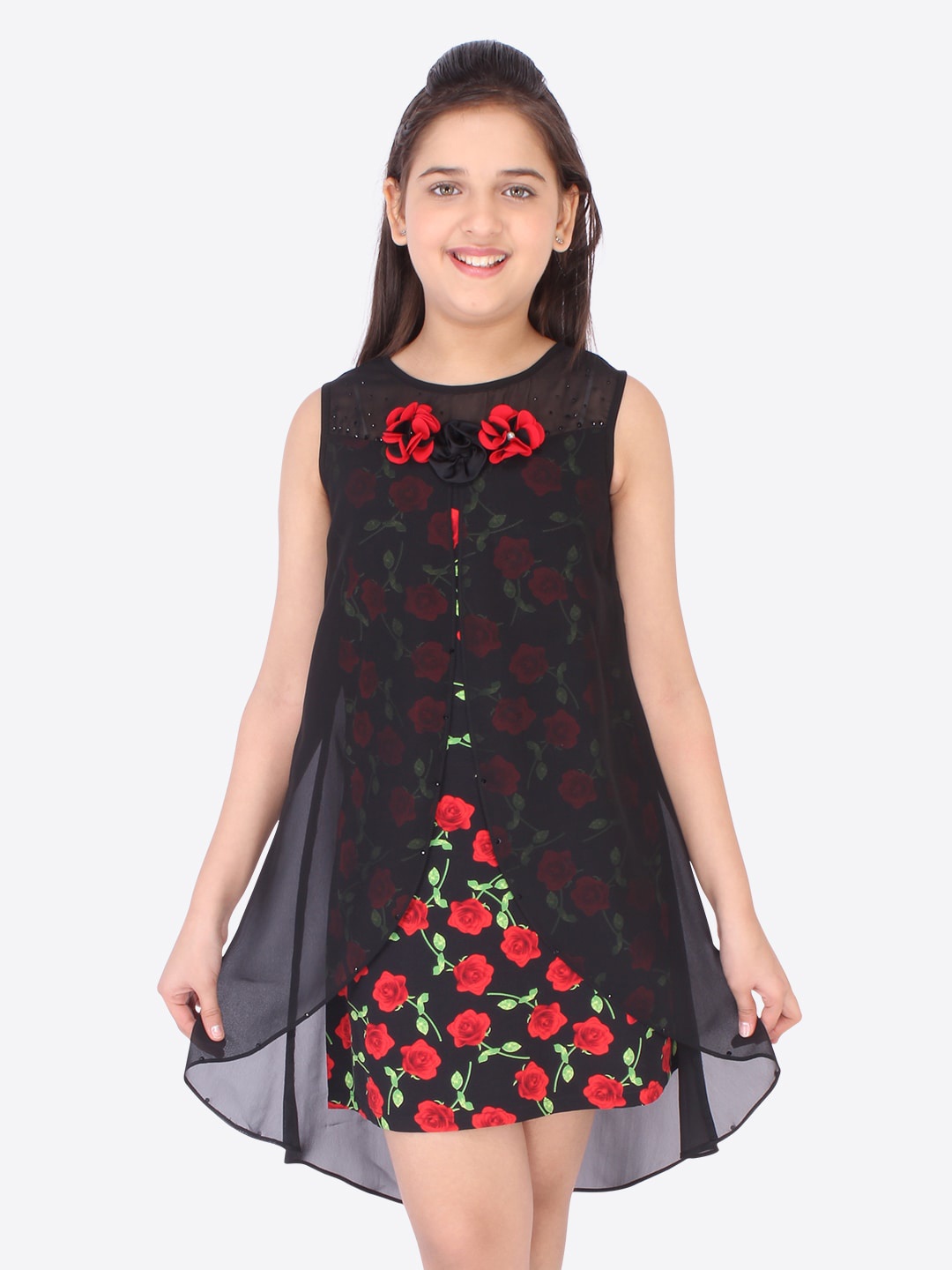 

CUTECUMBER Black & Red Floral Layered High-Low Hem Georgette A-Line Dress
