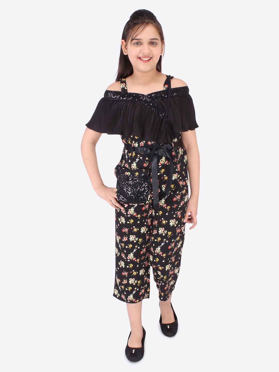 

CUTECUMBER Girls Black Printed Culotte Jumpsuit with Sling Bag