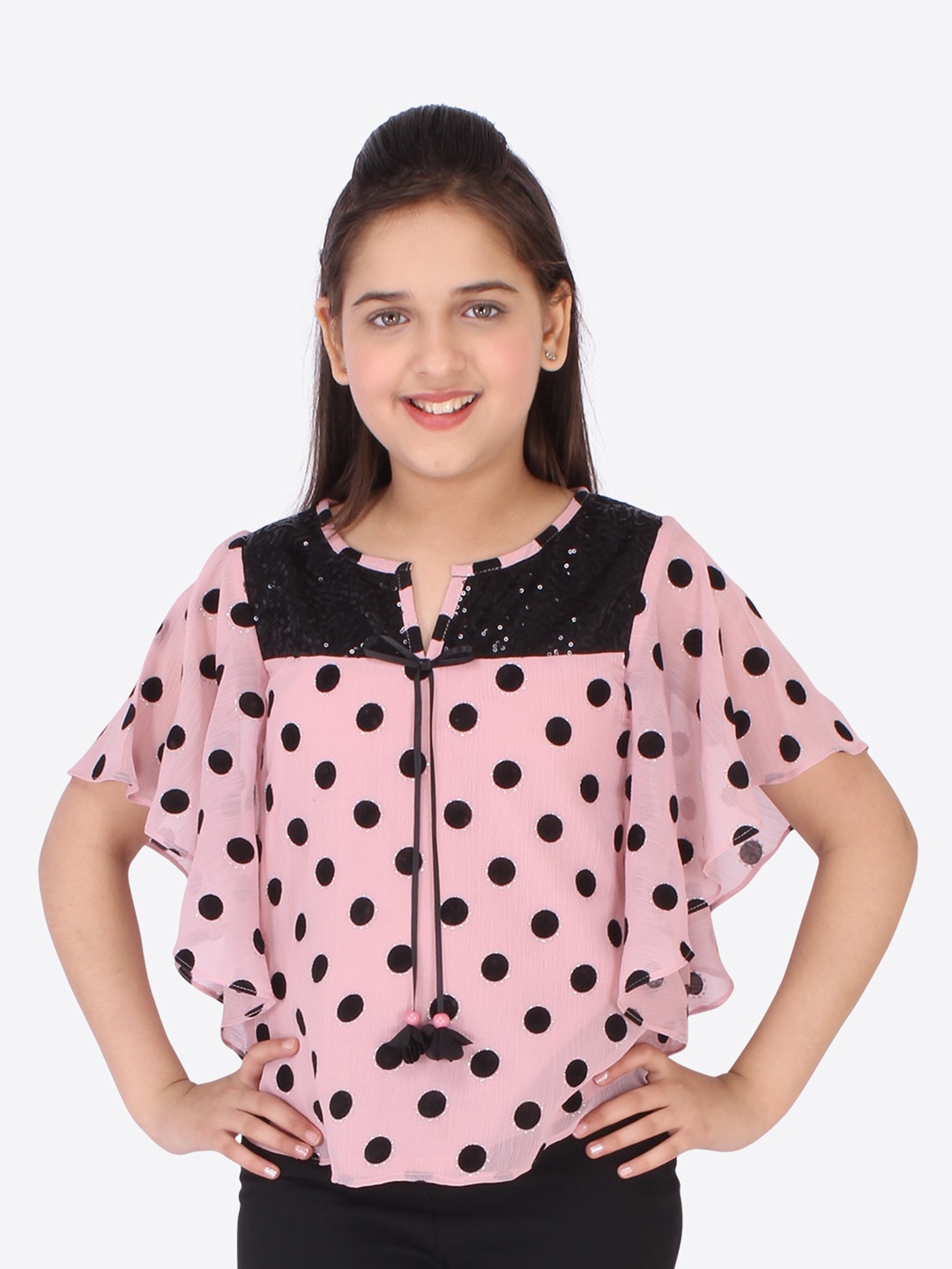 

CUTECUMBER Girls Pink & Black Polka Dots Printed Chiffon Top