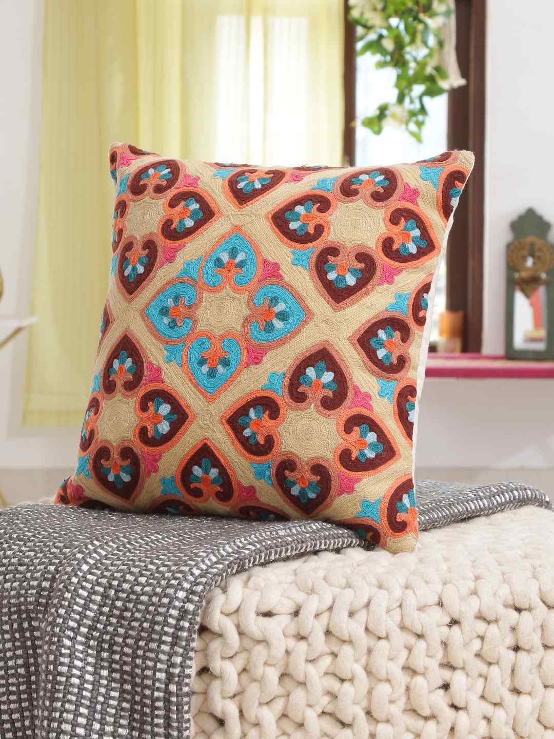 

Amoliconcepts Beige & Blue Embroidered Square Cushion Covers