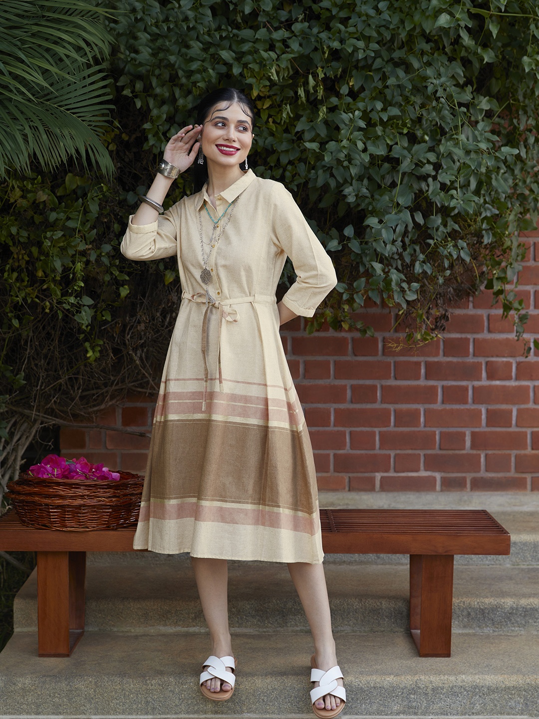 

W Beige & Brown Ethnic Midi Dress