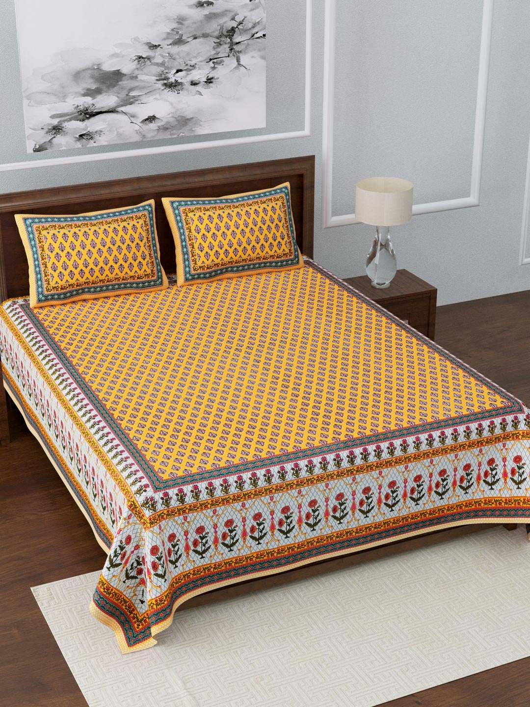 

LIVING ROOTS Yellow & Blue Ethnic Motifs 210 TC King Bedsheet with 2 Pillow Covers