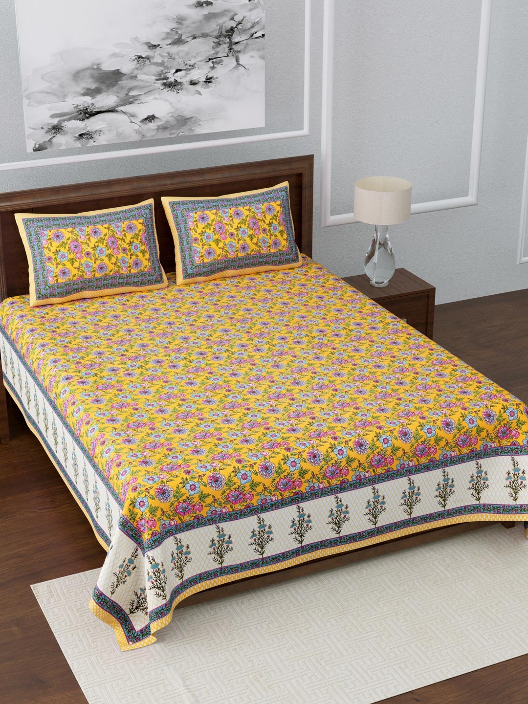 

LIVING ROOTS Yellow & Blue Floral 210 TC King Bedsheet with 2 Pillow Covers
