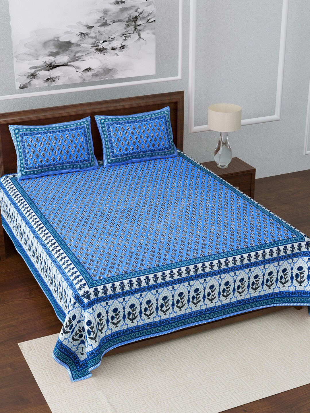 

LIVING ROOTS Blue & White Jaipur Printed 210 TC King Bedsheet with 2 Pillow Covers