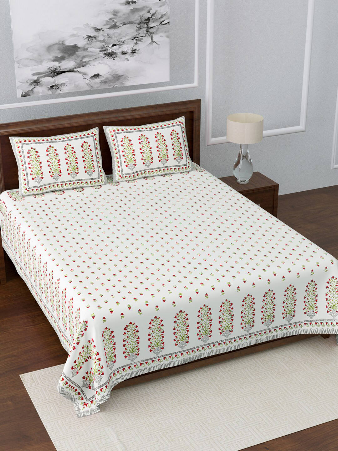 

LIVING ROOTS White & Red 210 TC Extra Large Floral Cotton Bed Sheet with 2 Pillow Covers