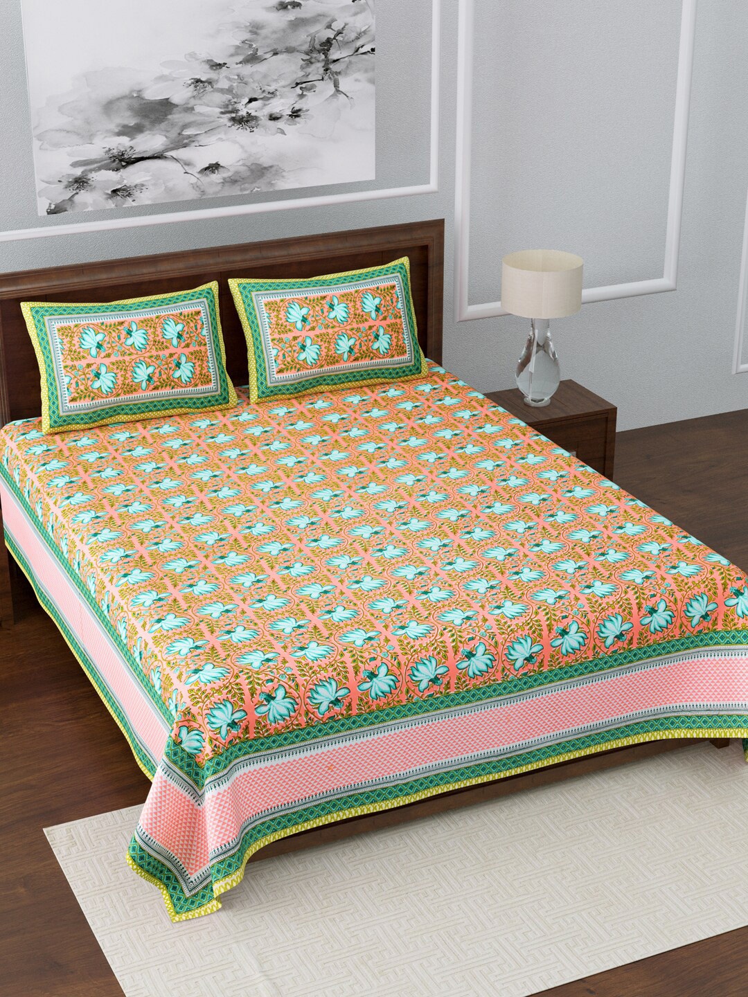 

LIVING ROOTS Pink & Blue Floral Printed 210 TC Bedsheet With 2 Pillow Covers