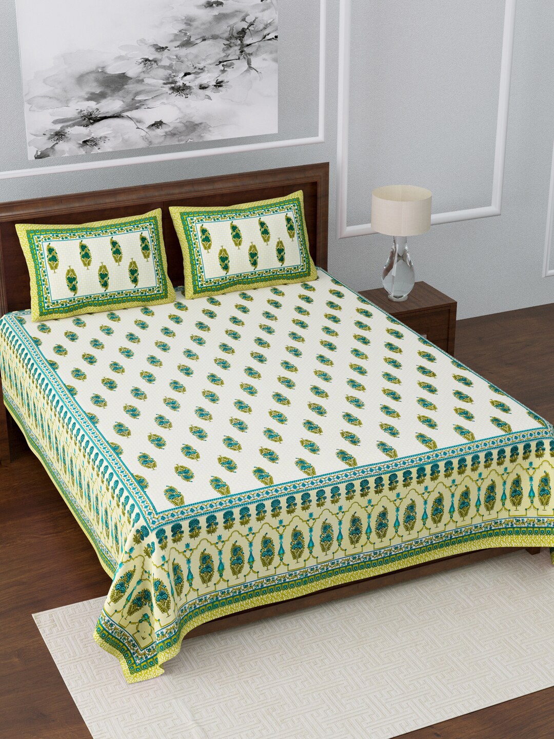 

LIVING ROOTS Beige & Green Jaipur Print 210 TC Super King Bedsheet with 2 Pillow Covers