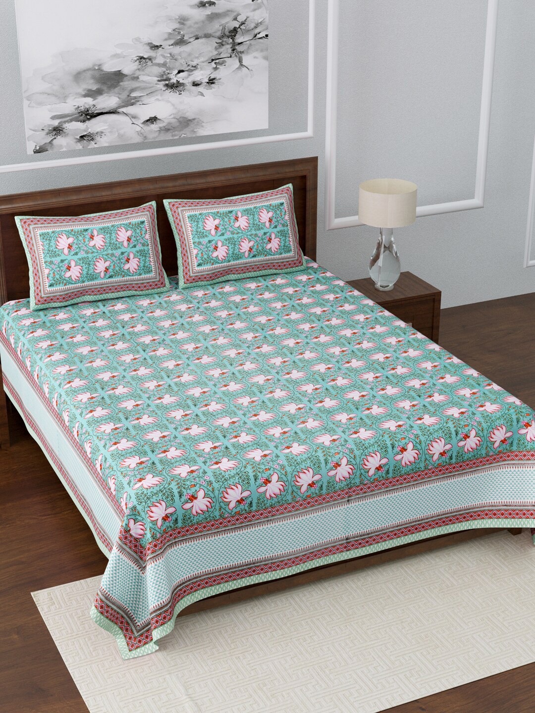 

LIVING ROOTS Turquoise Blue & Red Floral 210 TC King Bedsheet with 2 Pillow Covers