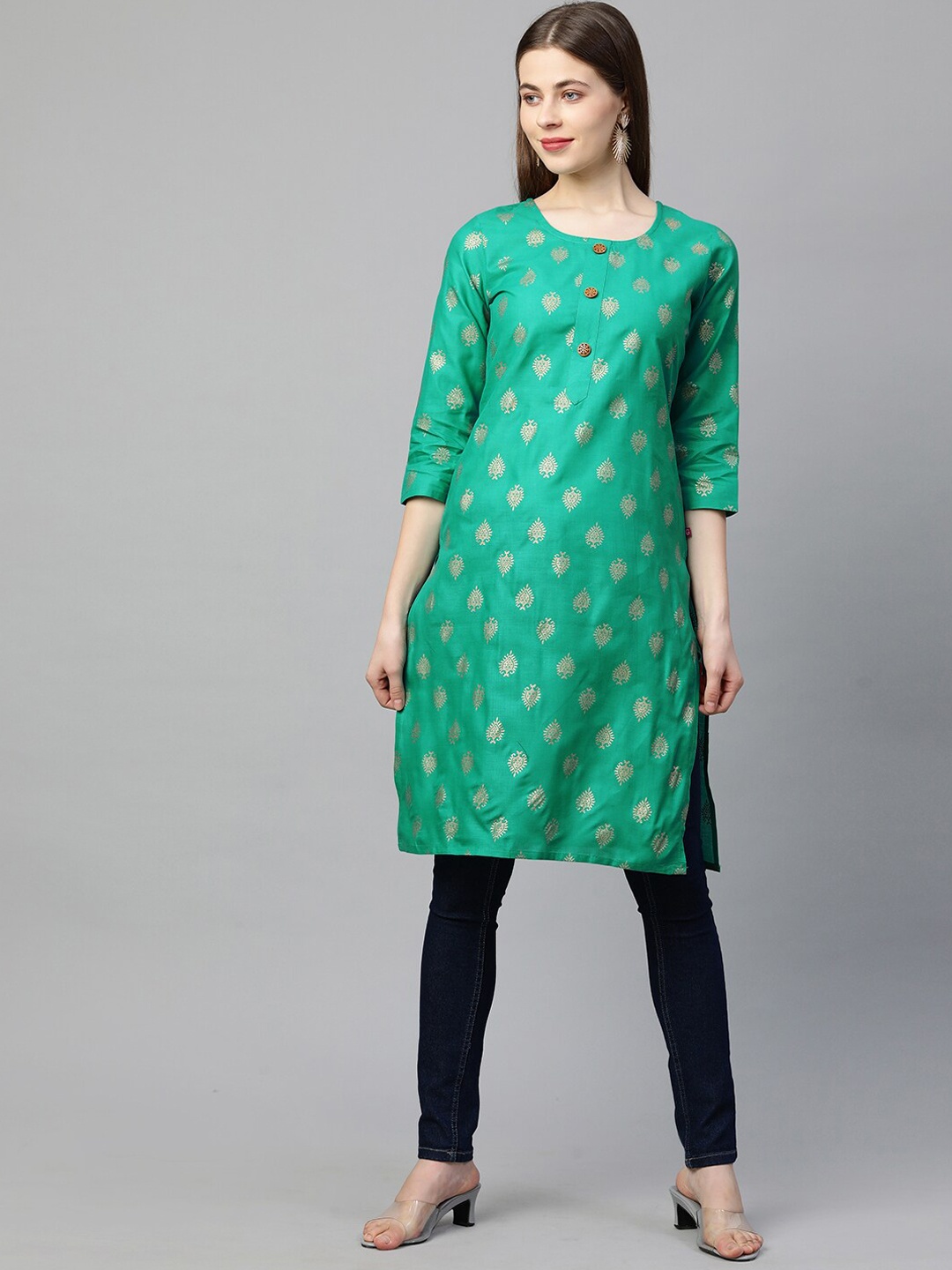

KALINI Women Green & Gold-Toned Ethnic Motifs Kurta