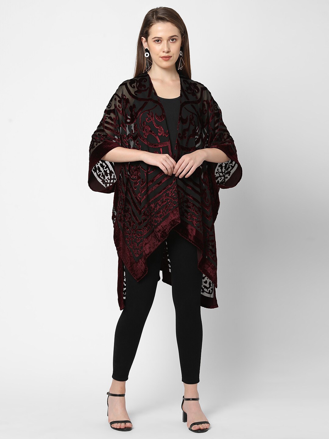 

Cloth Haus India Women Grey & Burgundy Kimono Shrug