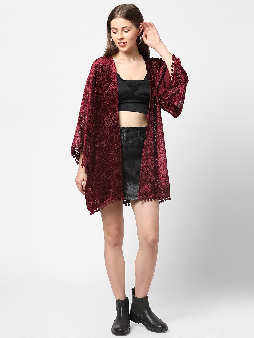 

Cloth Haus India Women Maroon Self Design Velvet Kimono Shrug