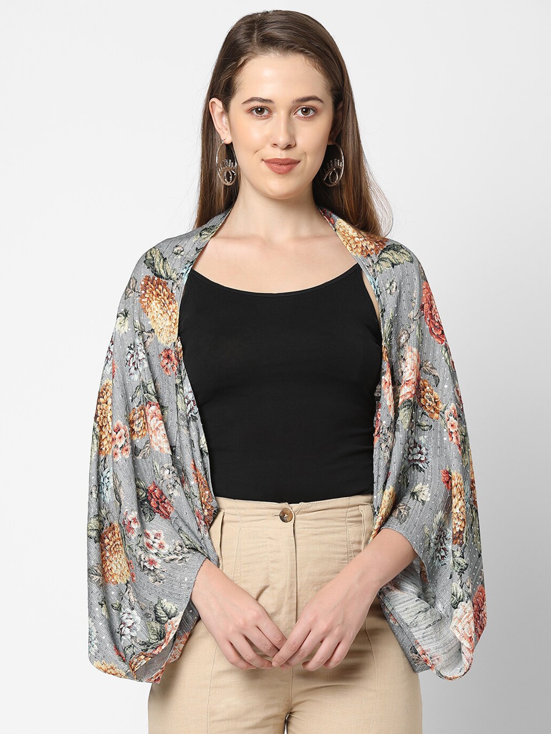 

Cloth Haus India Women Grey Floral Printed Shrug