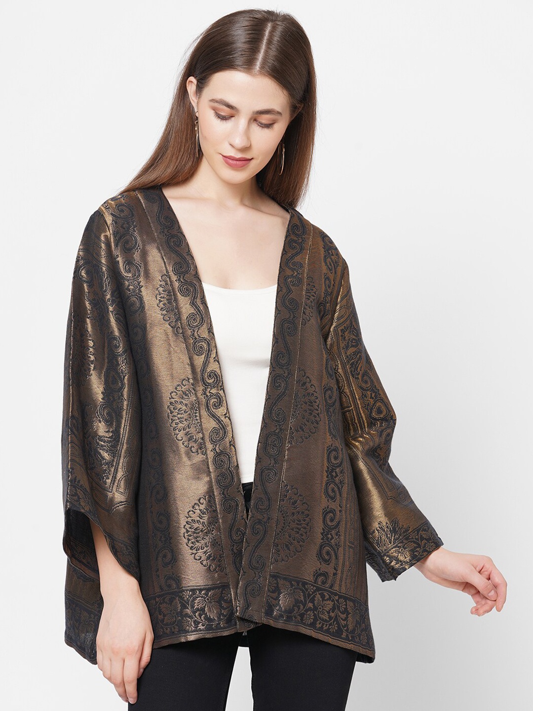 

Cloth Haus India Women Brown & Black Open Front Brocade Kimono
