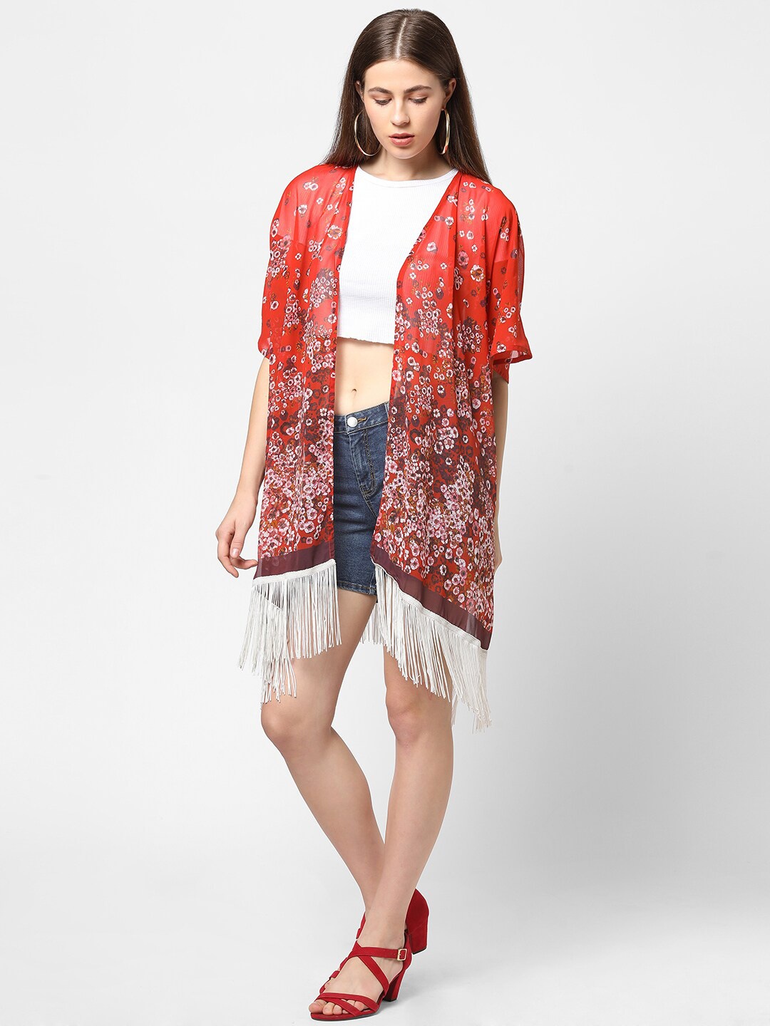 

Cloth Haus India Women Red & White Floral Printed Fringed Kimono Shrug