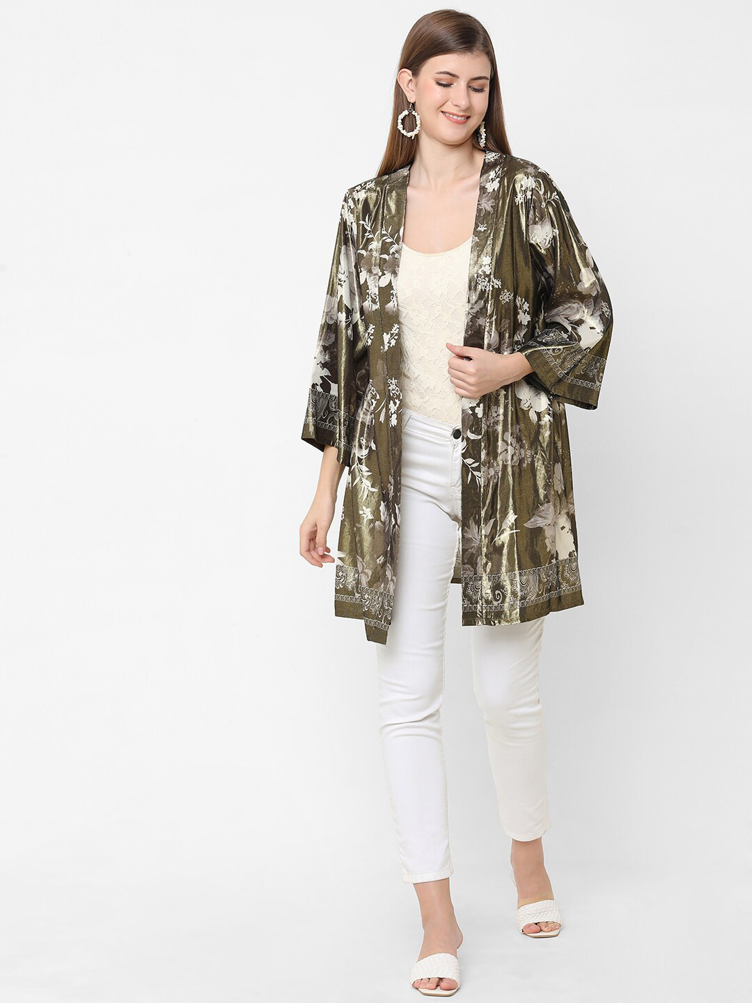 

Cloth Haus India Women Gold-Toned & Olive Green Printed Kimono Shrug