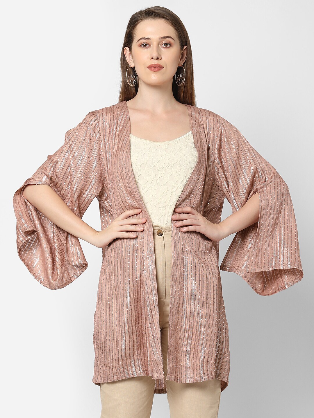 

Cloth Haus India Women Pink Sequinned Longline Shrug