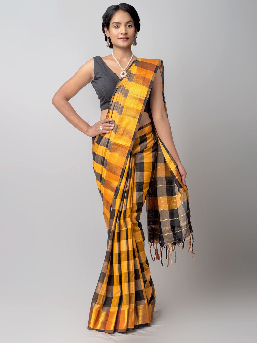

Unnati Silks Yellow & Charcoal Checked Pure Cotton Chettinad Handloom Saree