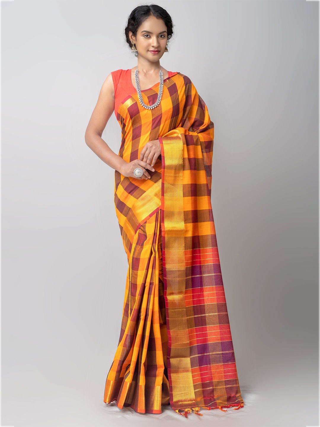

Unnati Silks Yellow & Purple Checked Zari Pure Cotton Chettinad Saree