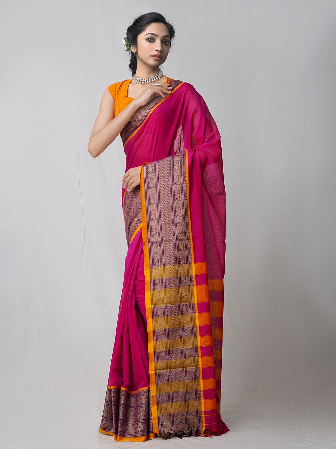 

Unnati Silks Purple & Mustard Woven Design Pure Handloom Pavani Cotton Narayan Peth Saree