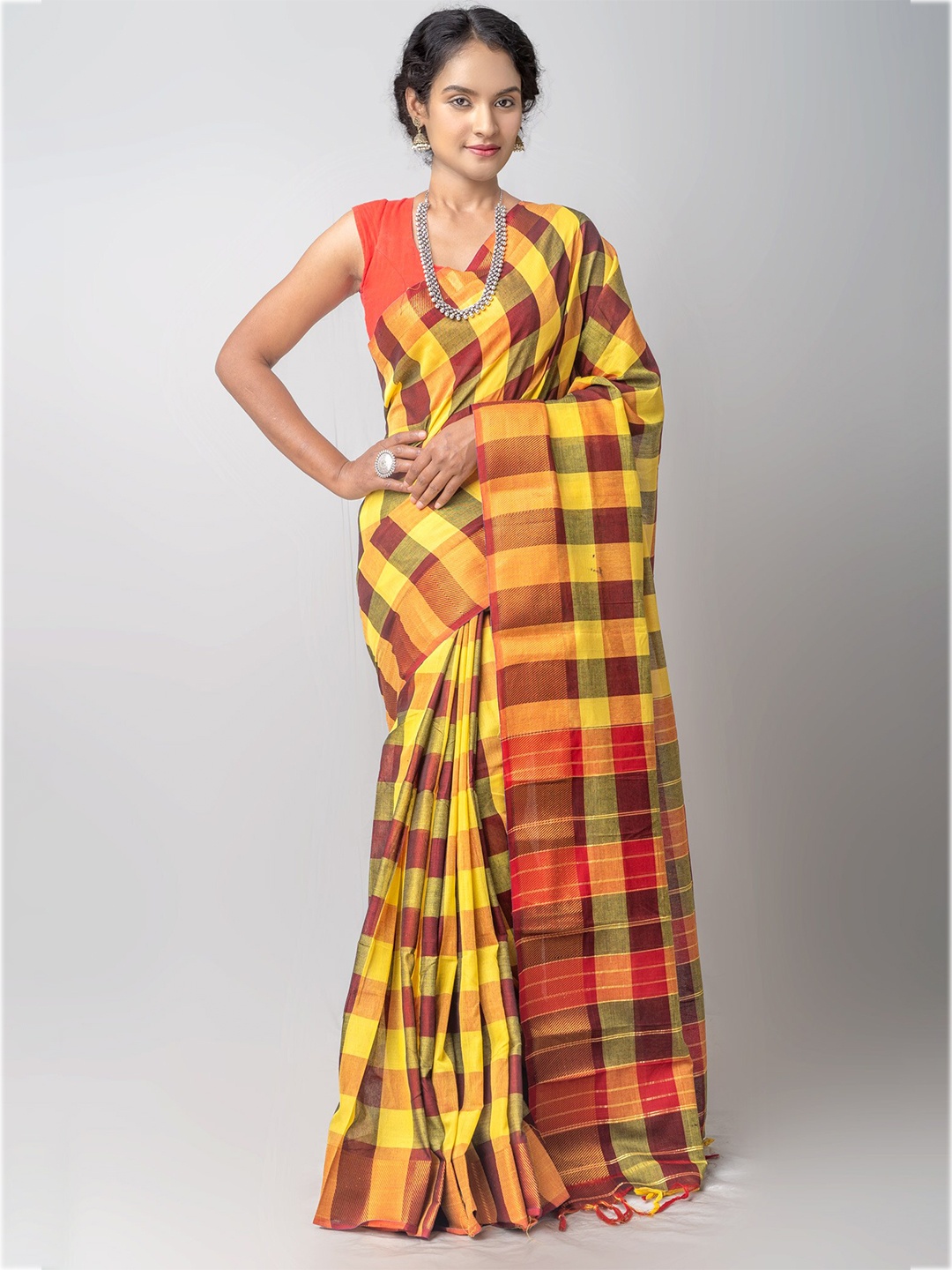 

Unnati Silks Yellow & Maroon Checked Zari Pure Cotton Chettinad Saree