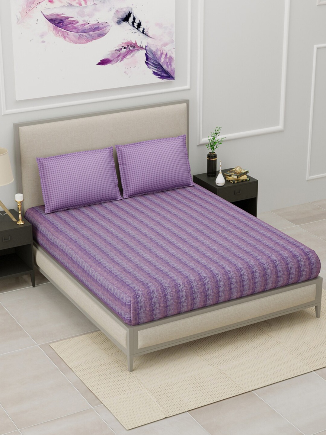 

Home Fresh Lavender & White 144 TC King Bedsheet with 2 Pillow Covers