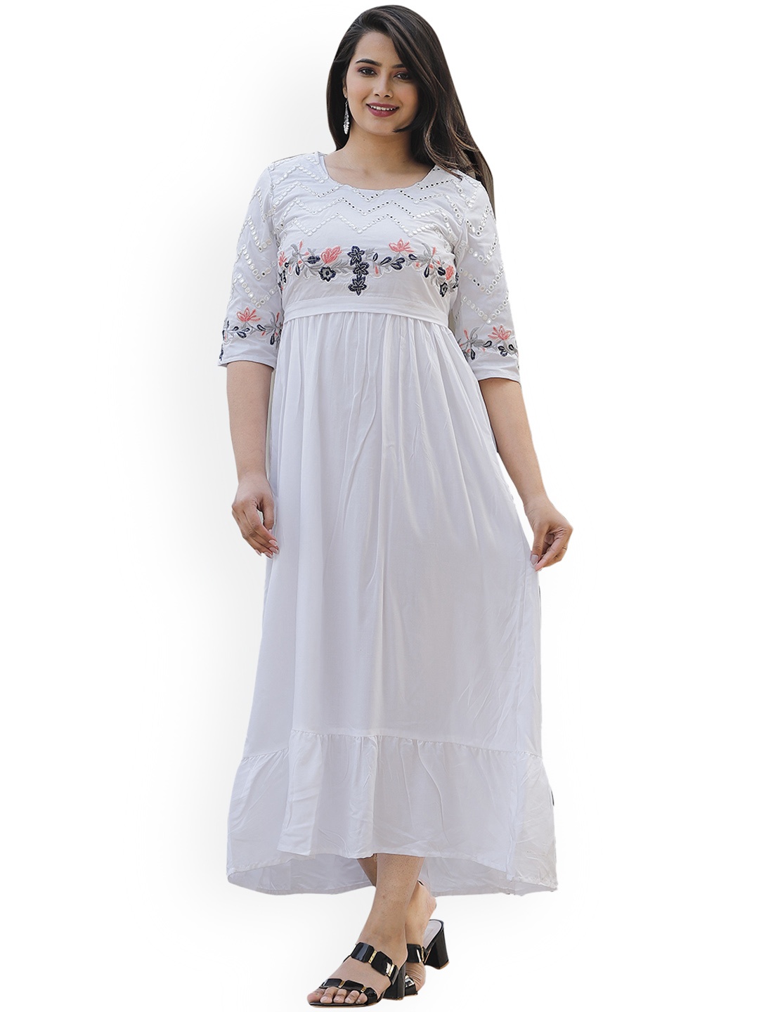 

KALINI Women White & Blue Ethnic Motifs Embroidered Thread Work Anarkali Kurta