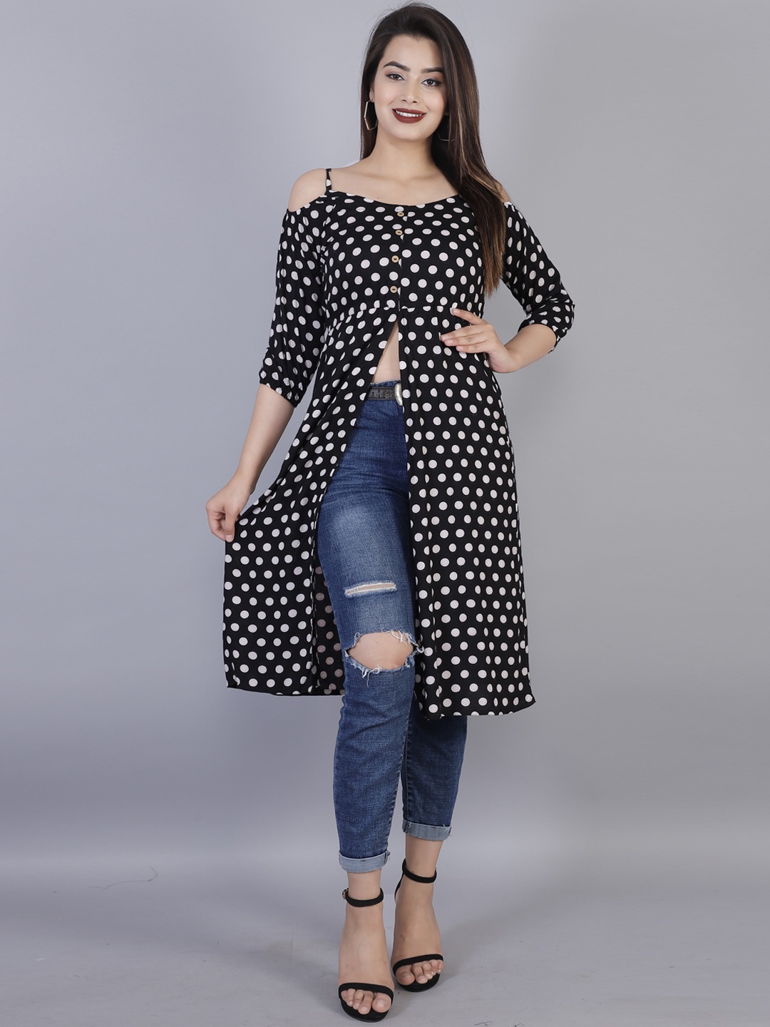 

KALINI Women Black Geometric Printed Cold-Shoulder Sleeves Kurta