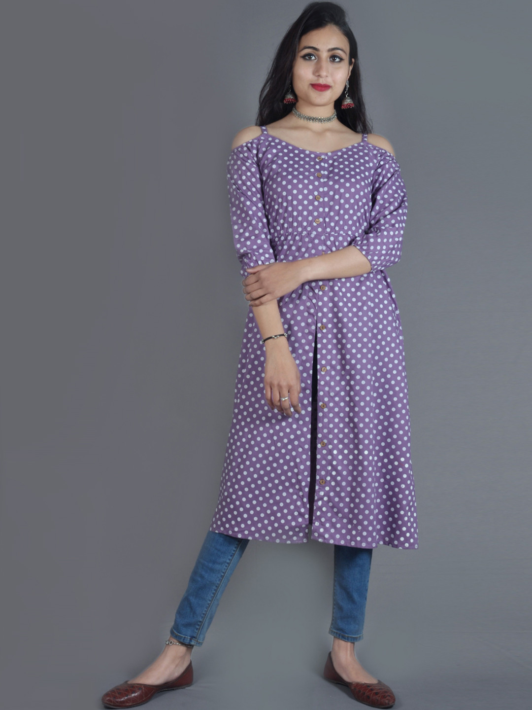 

KALINI Women Purple Printed Cold-Shoulder Sleeves Kurta