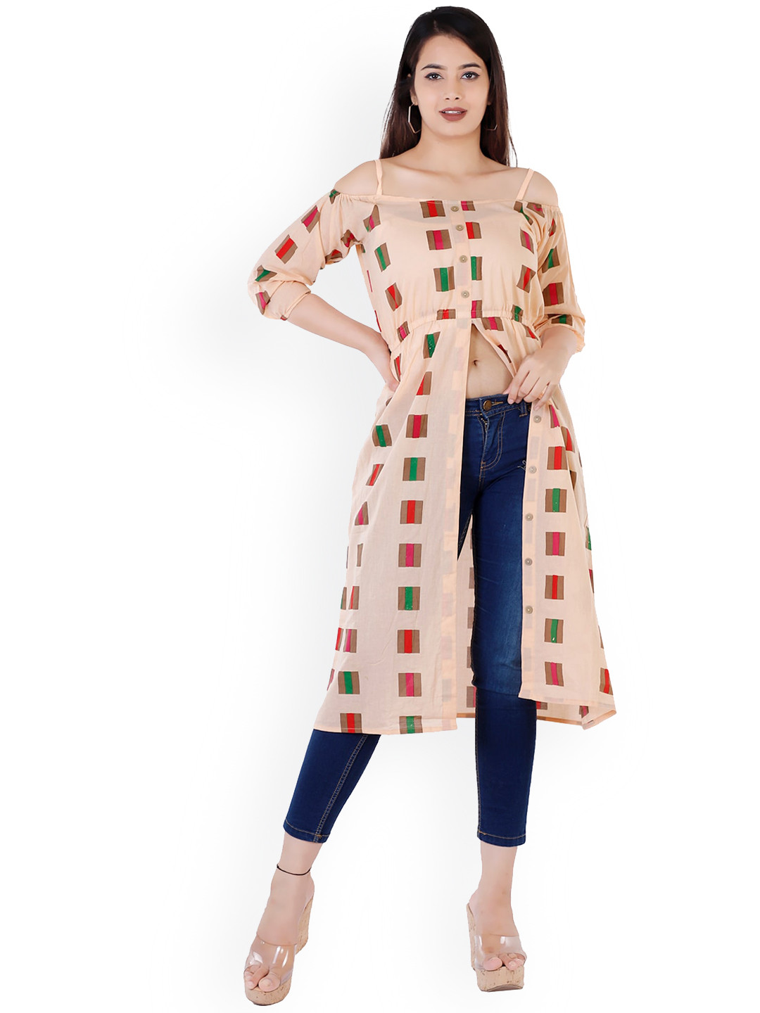 

KALINI Women Peach-Coloured Geometric Printed Cold-Shoulder Sleeves Kurta