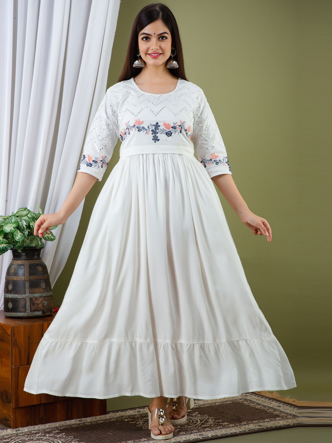 

KALINI Women White Ethnic Motifs Yoke Design Thread Work Anarkali Kurta