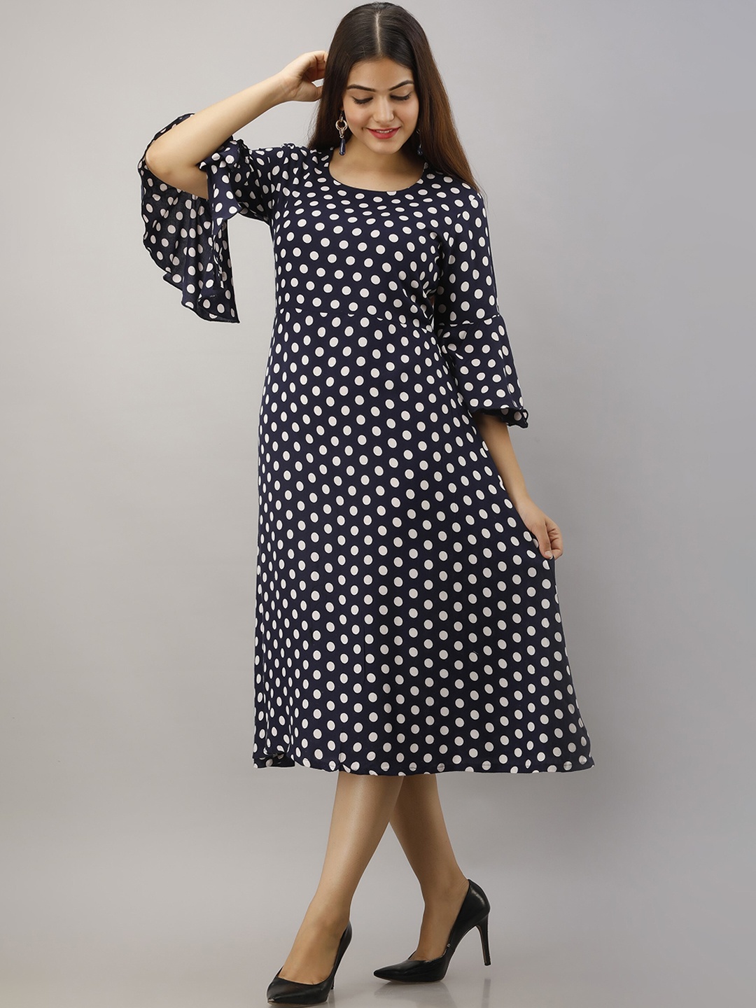 

KALINI Women Blue Geometric Printed Flared Sleeves Mirror Work Kurta